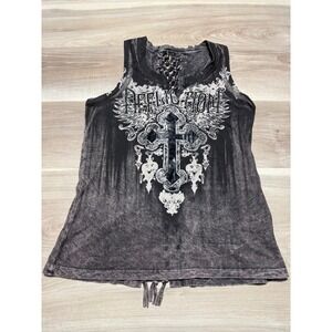 Affliction Tank Top Womens Small Black Acid Wash Lace Up Back Gothic Cross Y2K